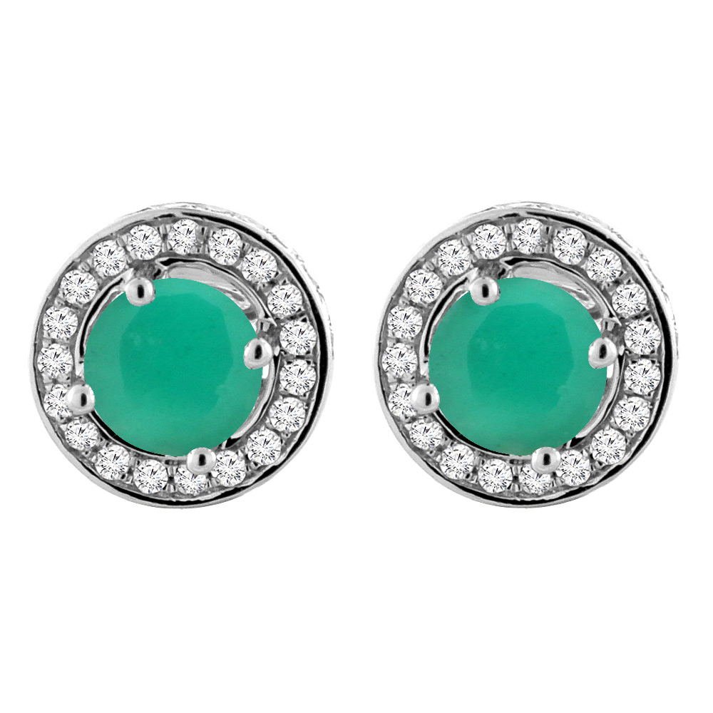 14K WHITE GOLD NATURAL EMERALD EARRINGS WITH DIAMOND HALO ROUND 5 MM