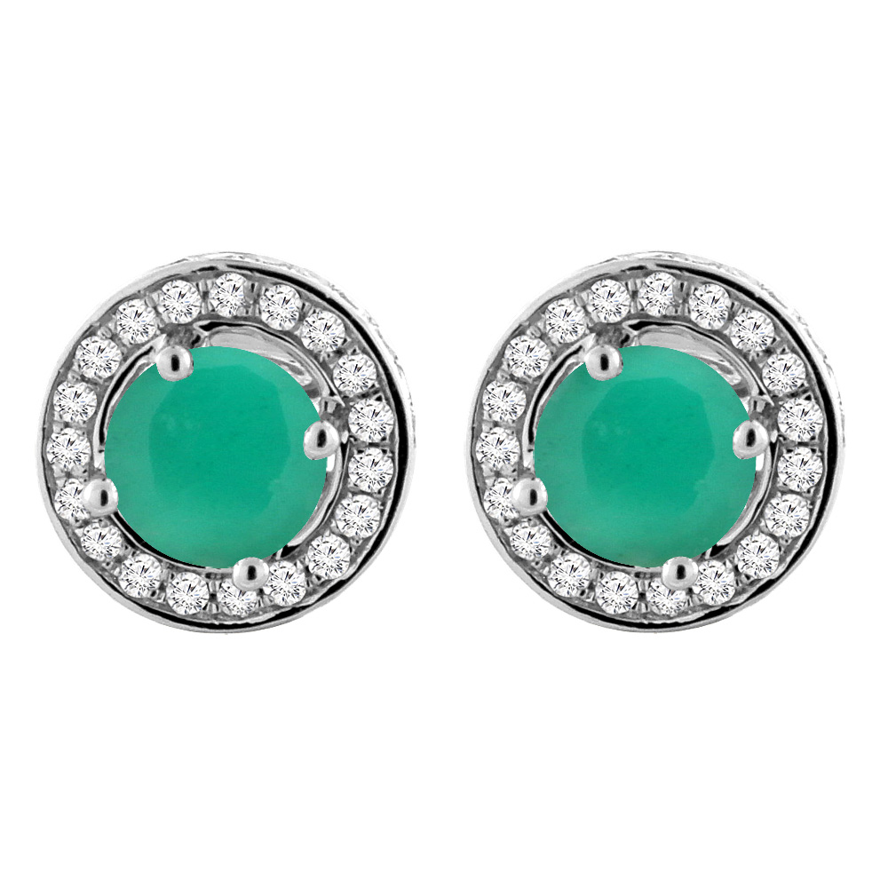 14K White Gold Natural Emerald Earrings with Diamond Halo Round 5 mm