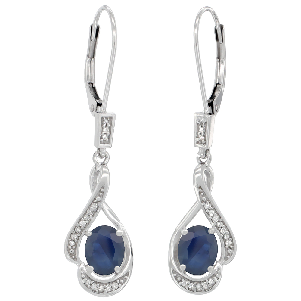 14K WHITE GOLD DIAMOND NATURAL BLUE SAPPHIRE LEVERBACK EARRINGS OVAL 7X5 MM, 1 7/16 INCH LONG