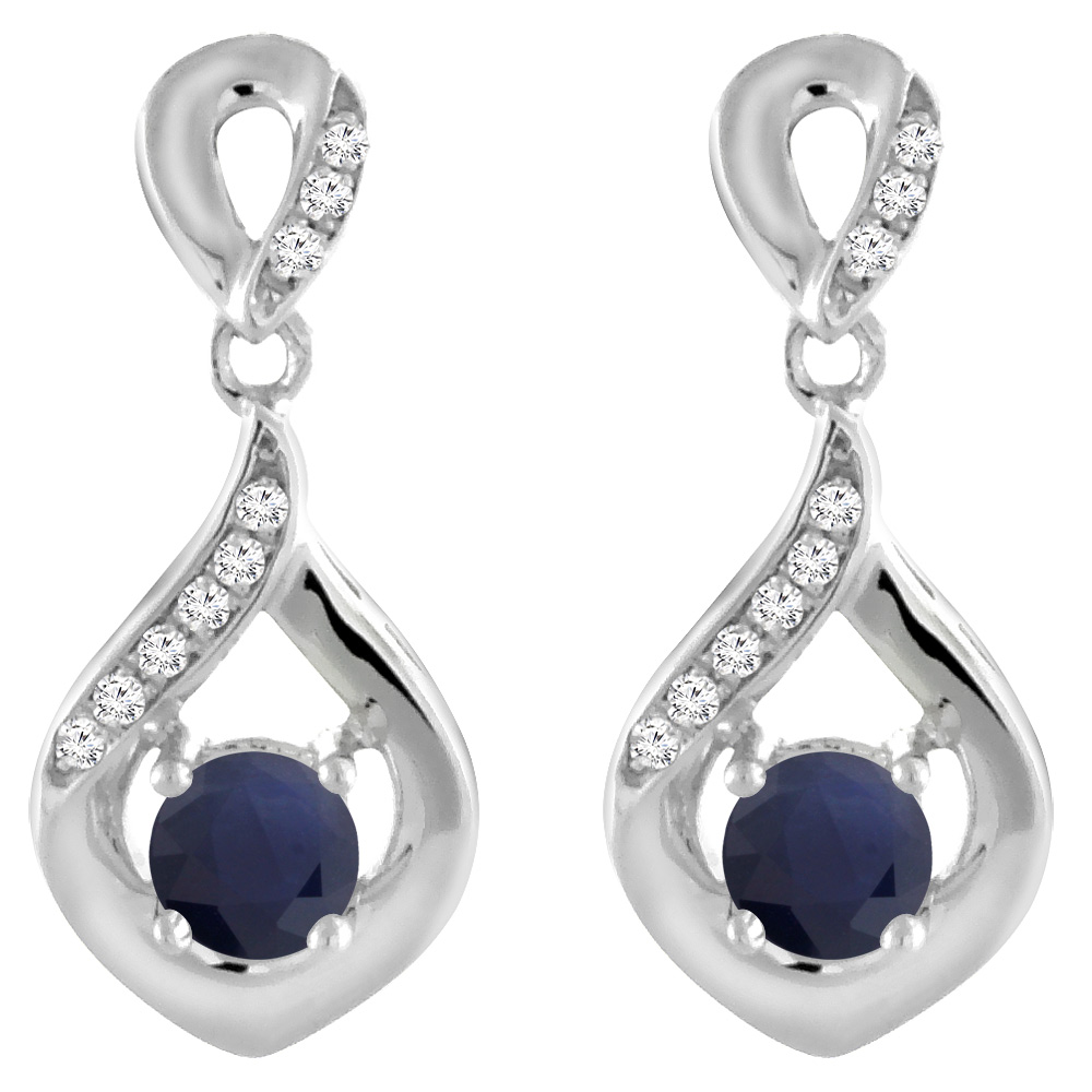14K White Gold Natural Blue Sapphire Earrings with Diamond Accents Round 4 mm