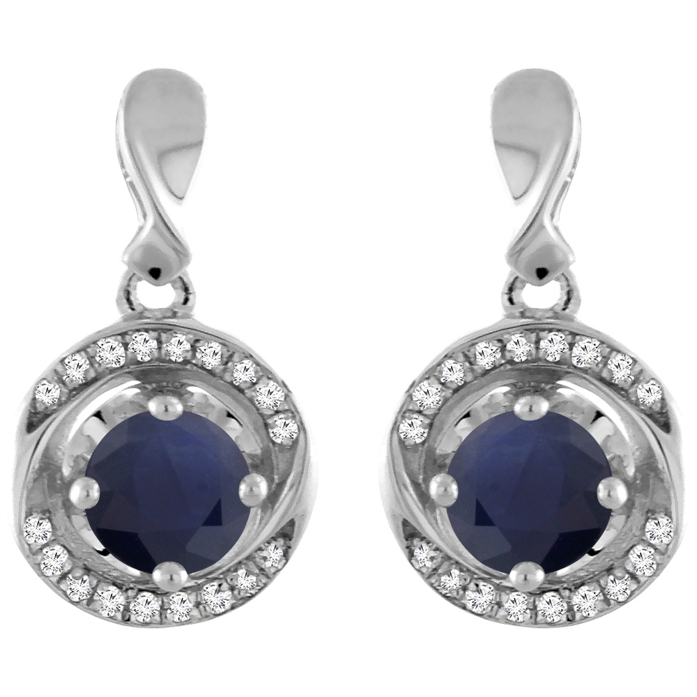 14K White Gold Natural Blue Sapphire Earrings with Diamond Accents Round 4 mm