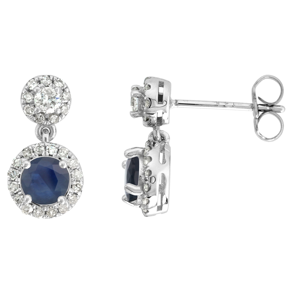 14K WHITE GOLD DIAMOND HALO GENUINE BLUE SAPPHIRE DROP EARRINGS ROUND BRILLIANT CUT 5MM 1/2 INCH LONG