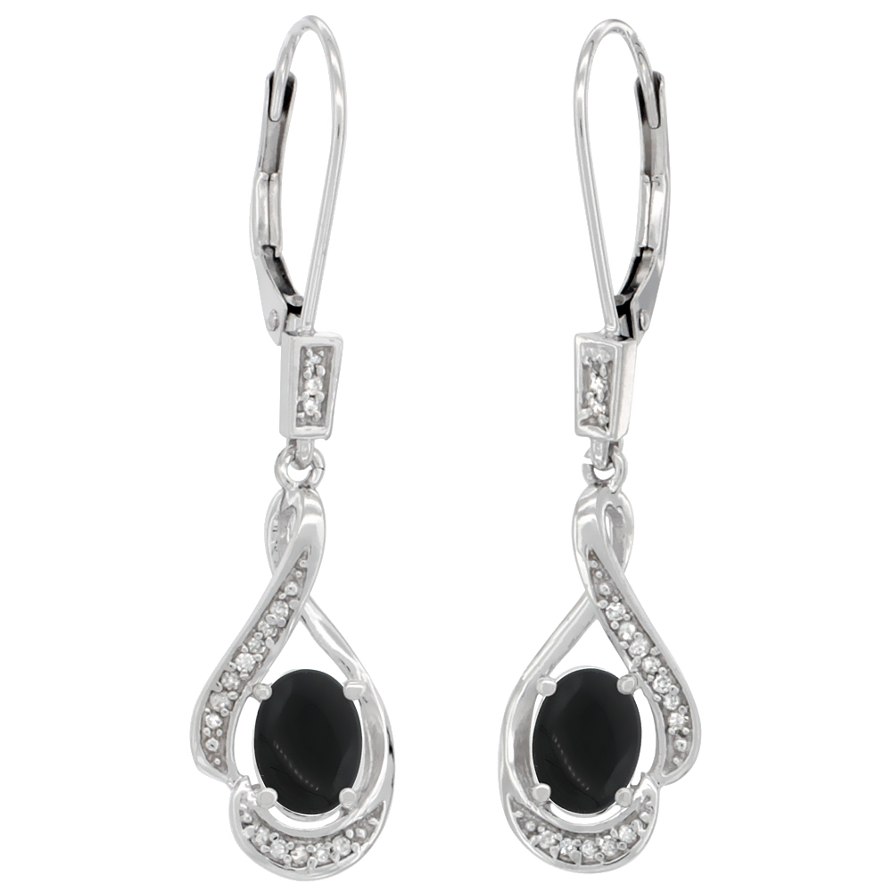 14K WHITE GOLD DIAMOND NATURAL BLACK ONYX LEVERBACK EARRINGS OVAL 7X5 MM, 1 7/16 INCH LONG