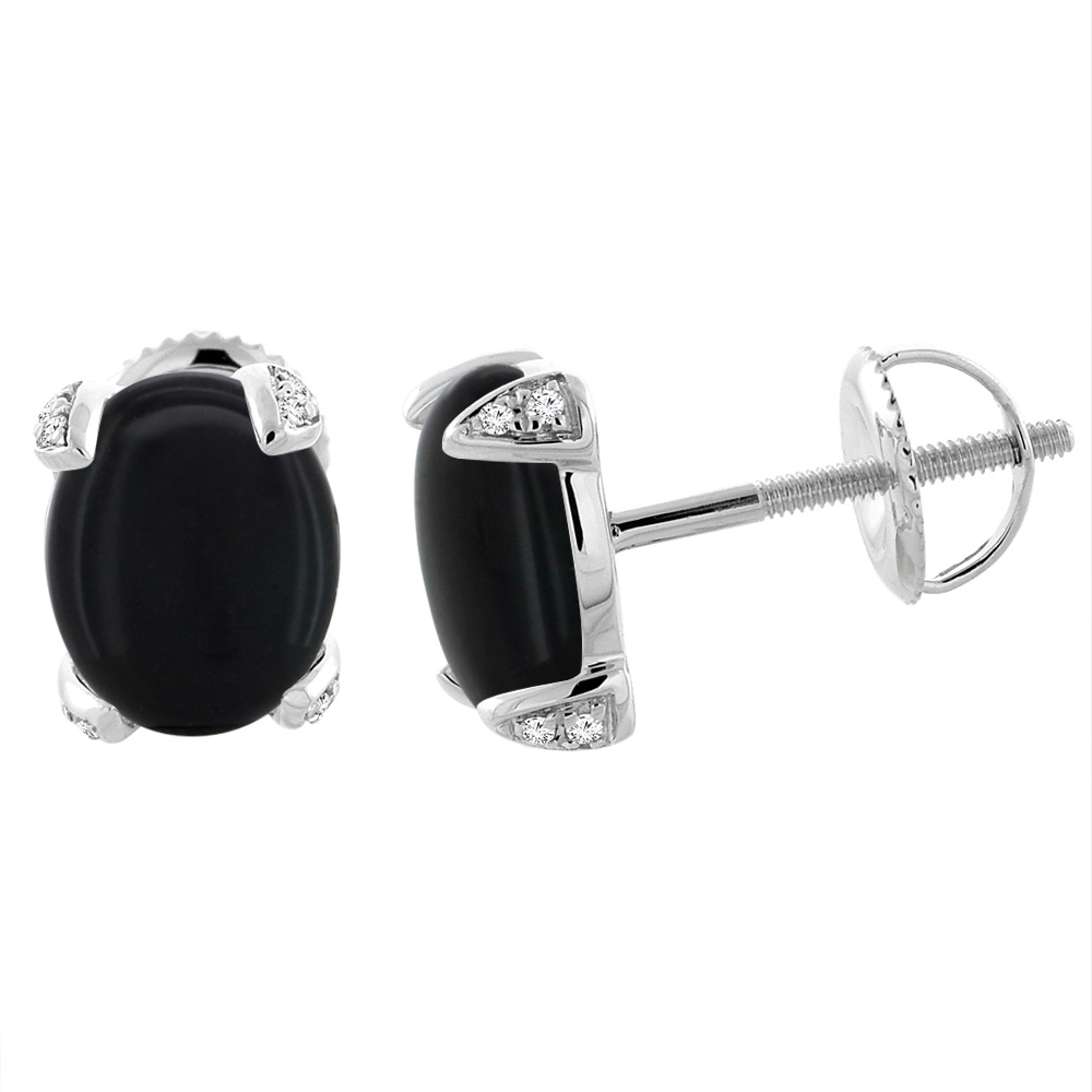 14K WHITE GOLD NATURAL BLACK ONYX SCREW BACK EARRINGS OVAL 9X7 MM WITH DIAMOND ACCENTS