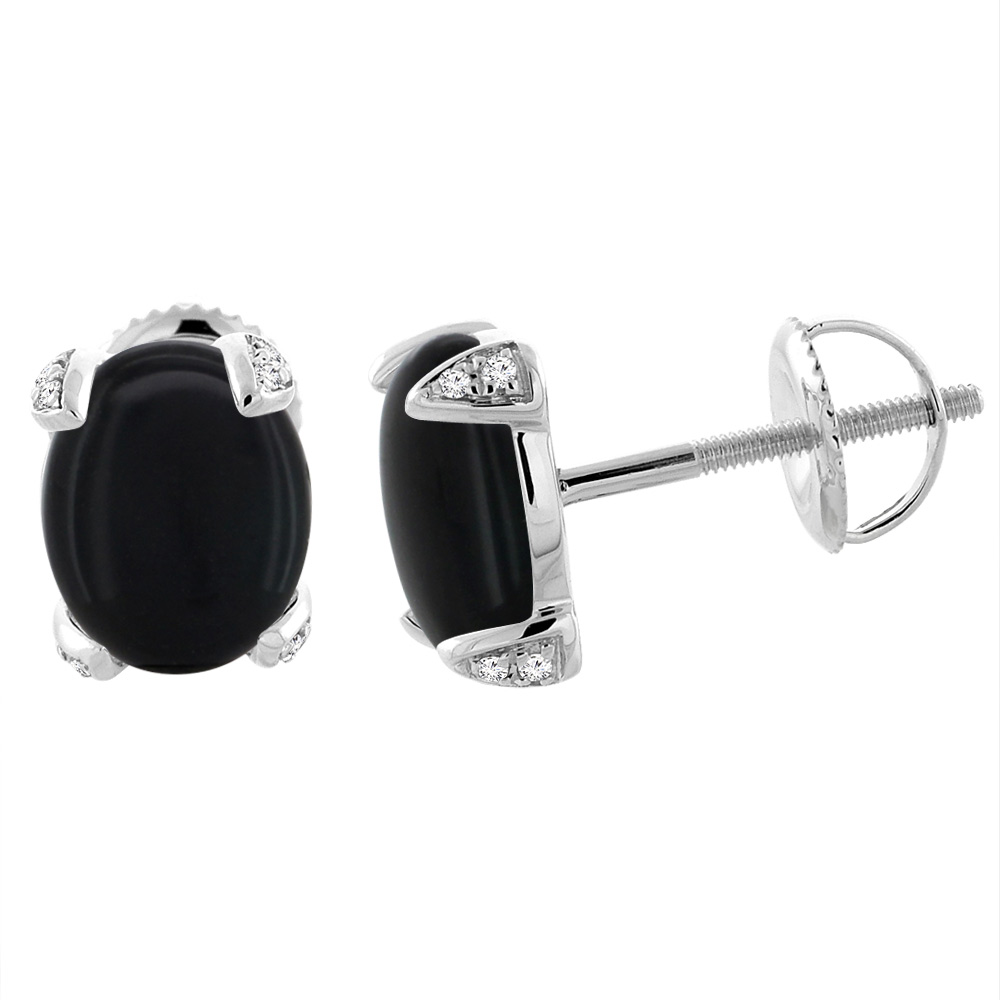 14K White Gold Natural Black Onyx Screw back Earrings Oval 9x7 mm with Diamond Accents