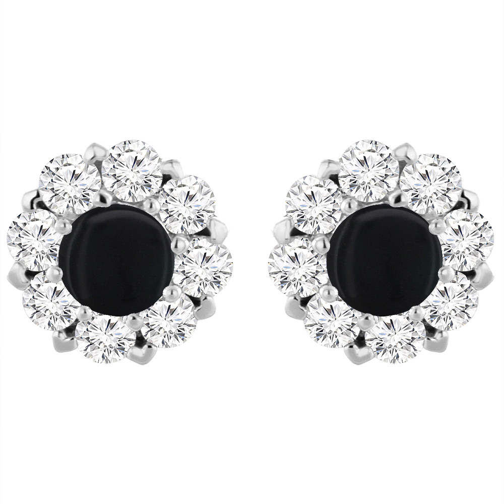 14K White Gold Natural Black Onyx Earrings with Diamond Halo Round 6 mm