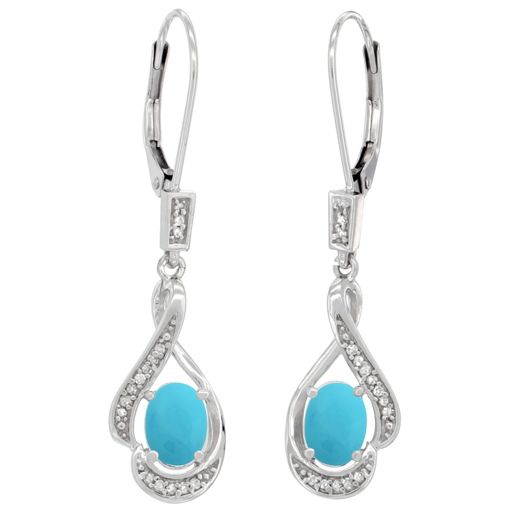 14K WHITE GOLD DIAMOND NATURAL TURQUOISE LEVERBACK EARRINGS OVAL 7X5 MM, 1 7/16 INCH LONG