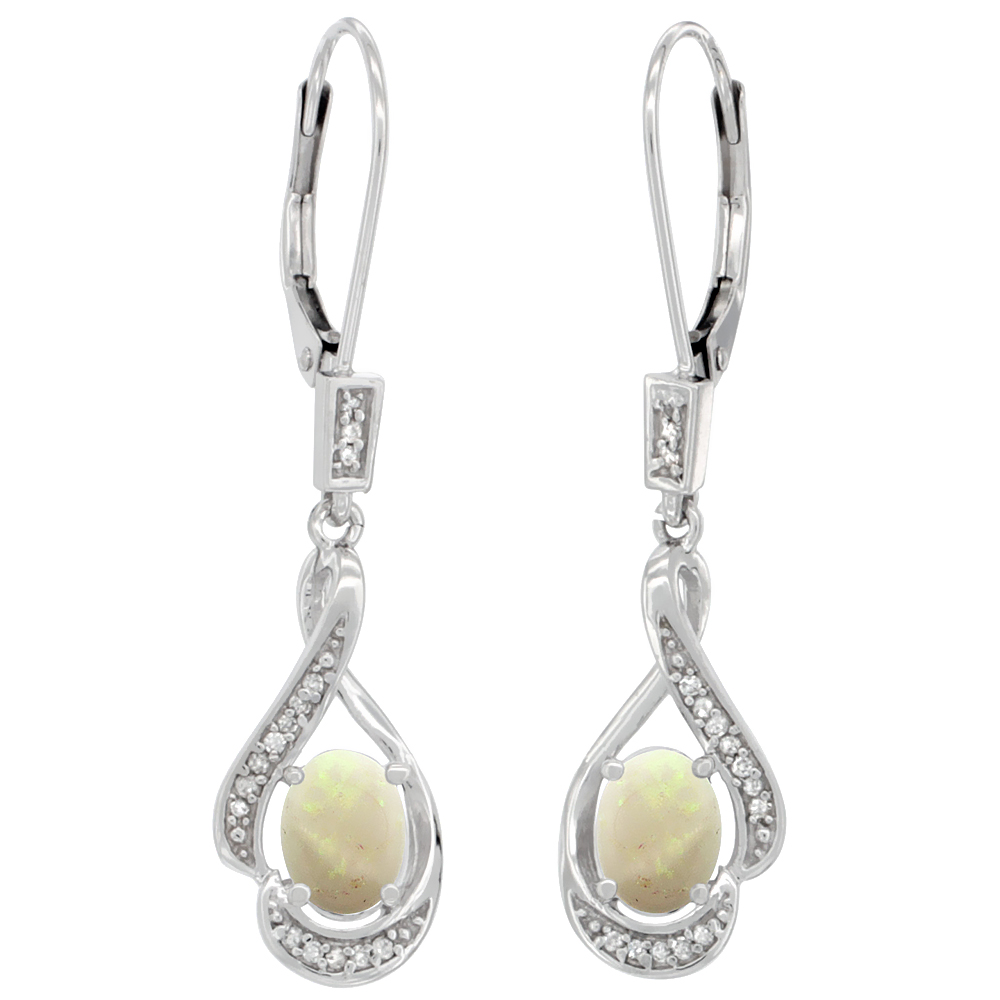 14K White Gold Diamond Natural Opal Leverback Earrings Oval 7x5 mm, 1 7/16 inch long
