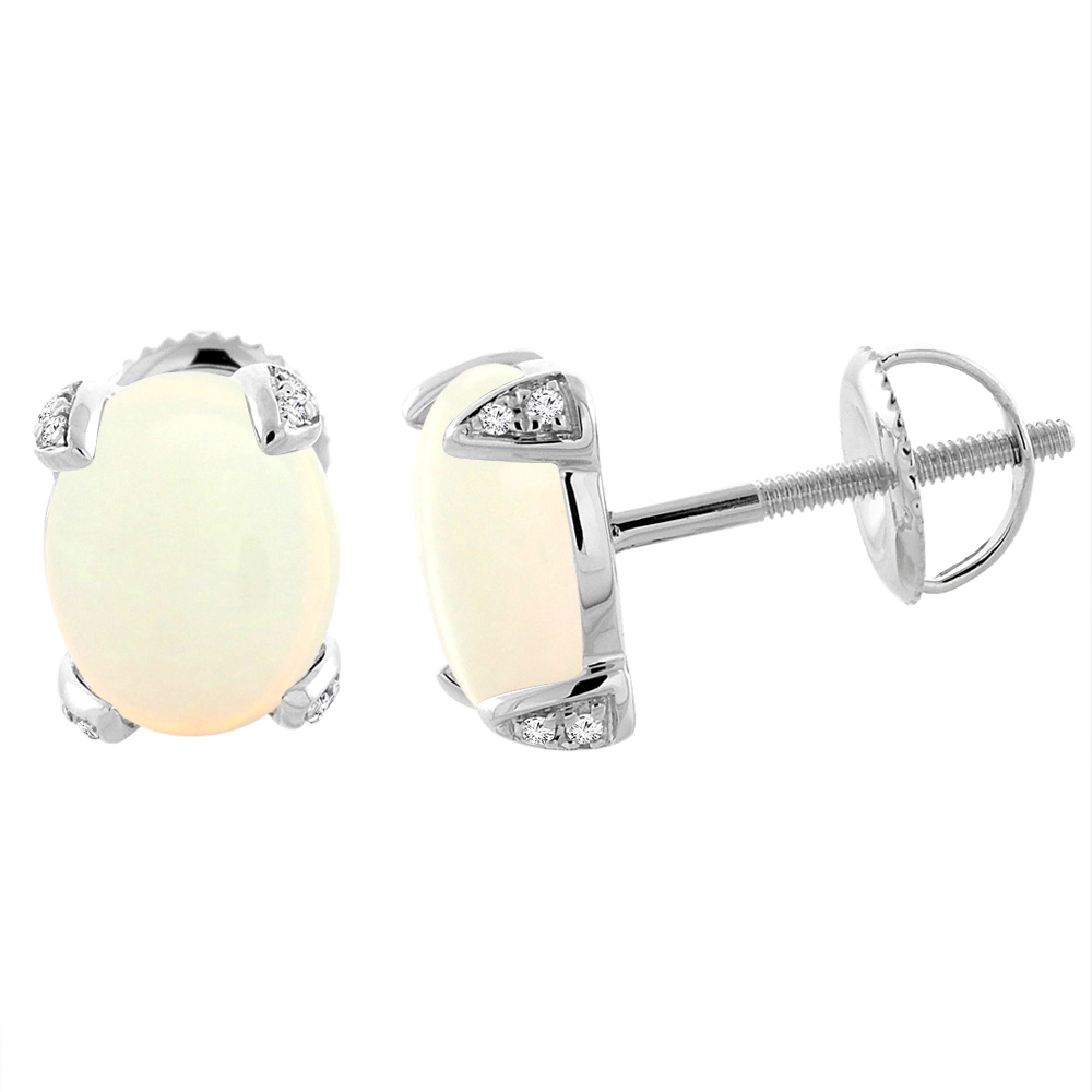 14K White Gold Natural Opal Screw back Earrings Oval 9x7 mm with Diamond Accents