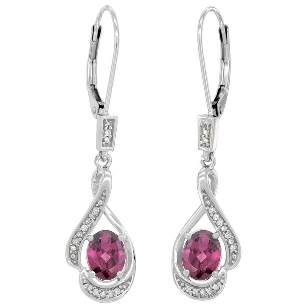 14K WHITE GOLD DIAMOND NATURAL RHODOLITE LEVERBACK EARRINGS OVAL 7X5 MM, 1 7/16 INCH LONG