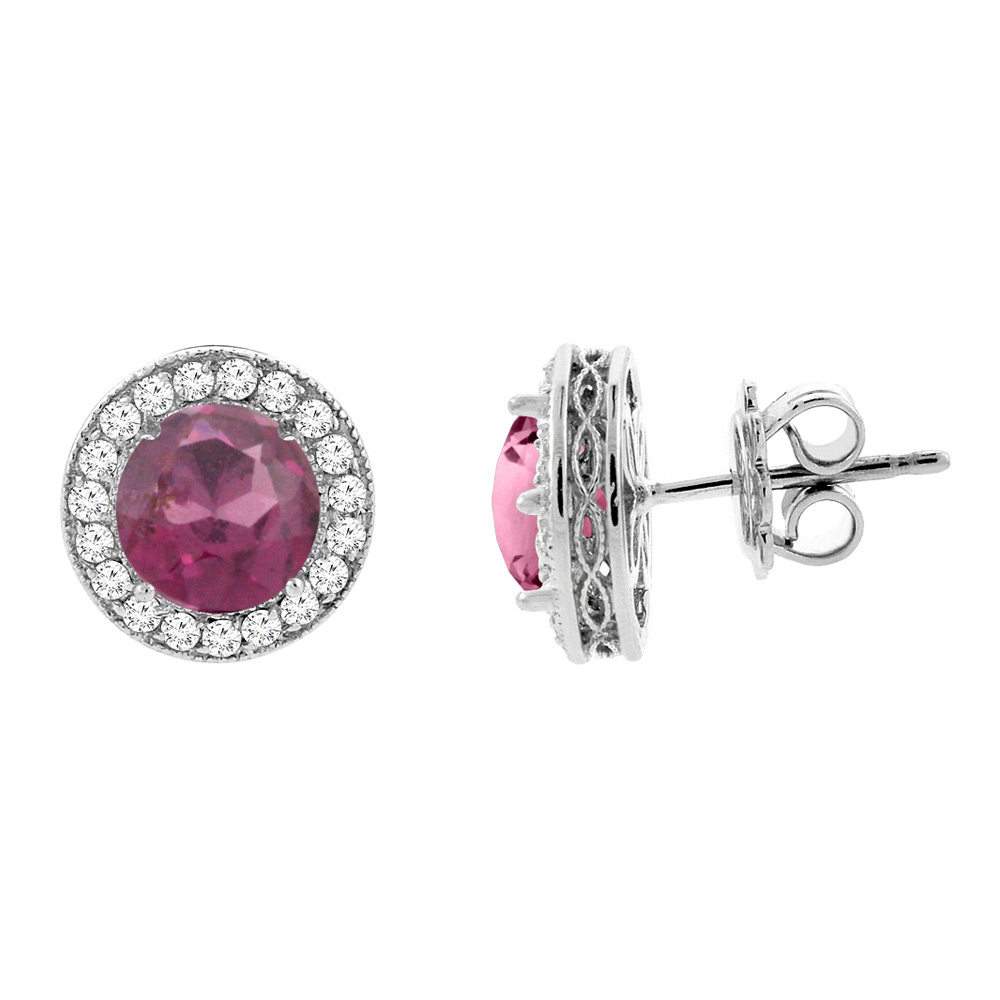 14K WHITE GOLD NATURAL RHODOLITE HALO EARRINGS WITH DIAMOND ACCENT, 3/16 INCH WIDE