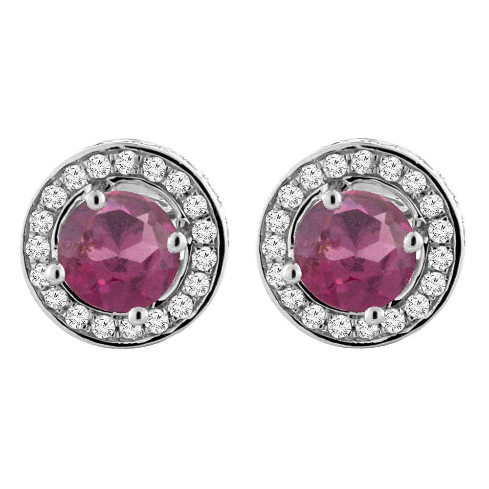 14K WHITE GOLD NATURAL RHODOLITE EARRINGS WITH DIAMOND HALO ROUND 5 MM
