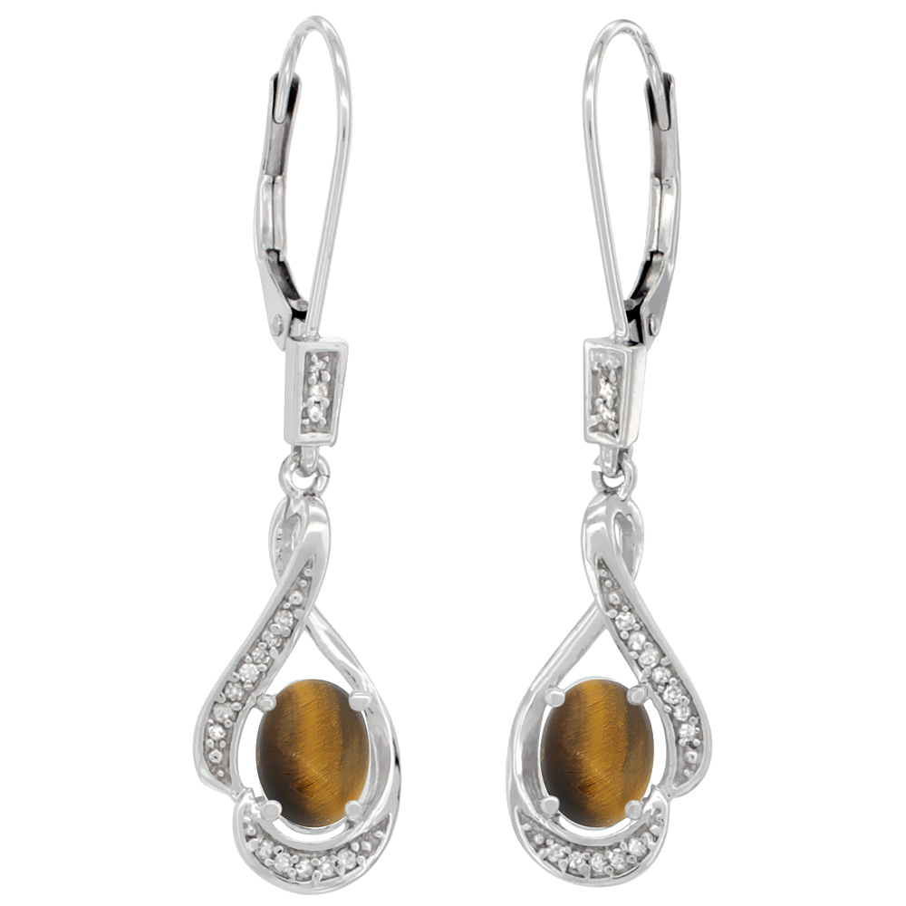 14K WHITE GOLD DIAMOND NATURAL TIGER EYE LEVERBACK EARRINGS OVAL 7X5 MM, 1 7/16 INCH LONG