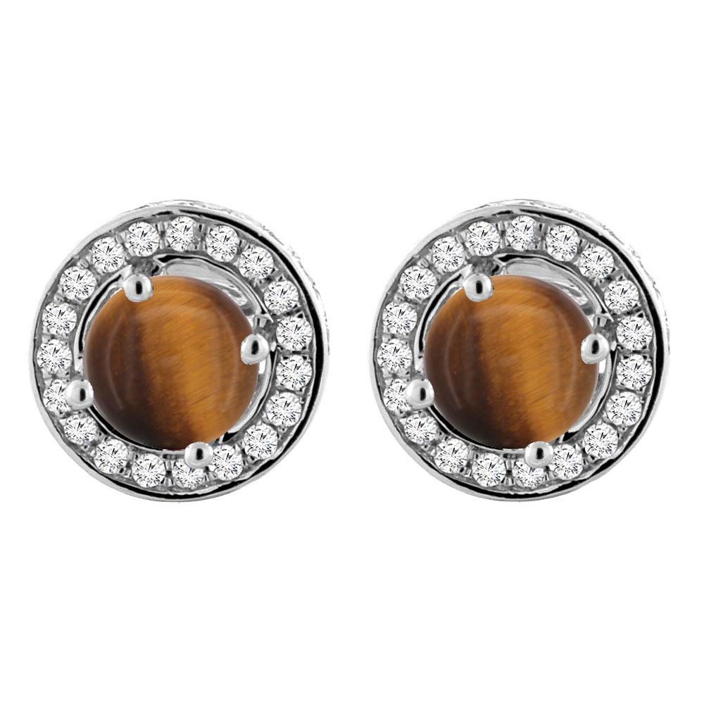 14K WHITE GOLD NATURAL TIGER EYE EARRINGS WITH DIAMOND HALO ROUND 5 MM