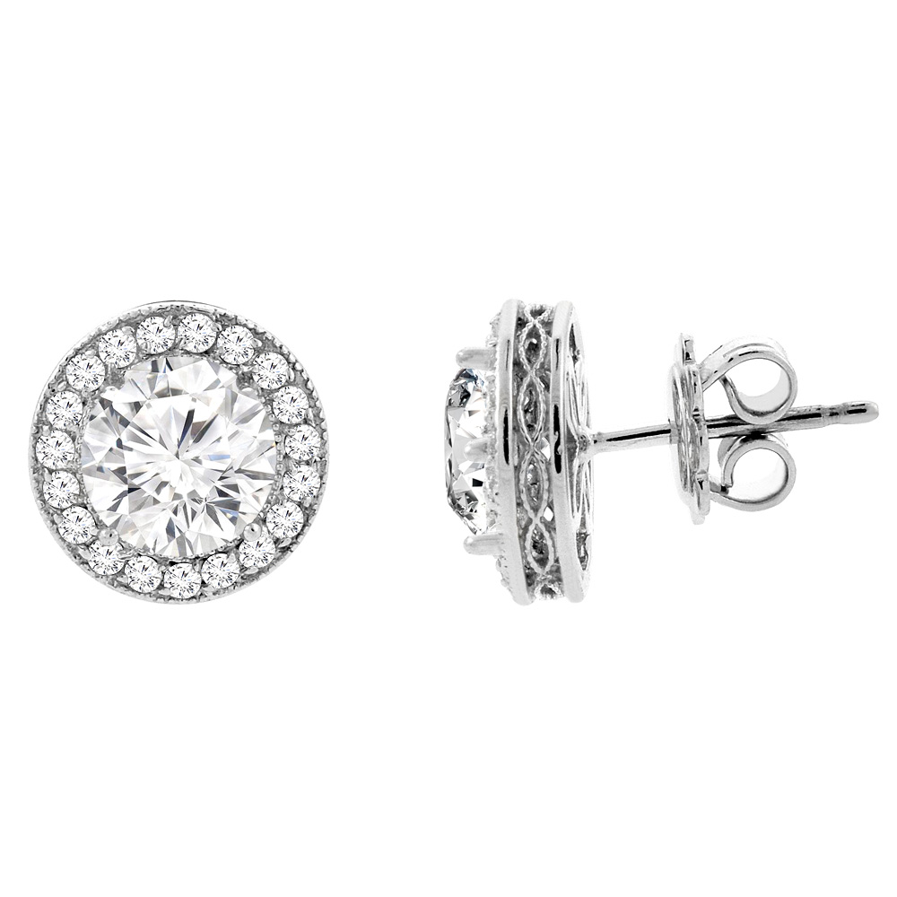 14K WHITE GOLD 2 CARATS DIAMOND HALO EARRINGS 6MM ROUND, 1/2 INCH