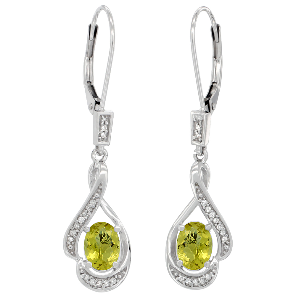 14K WHITE GOLD DIAMOND NATURAL LEMON QUARTZ LEVERBACK EARRINGS OVAL 7X5 MM, 1 7/16 INCH LONG