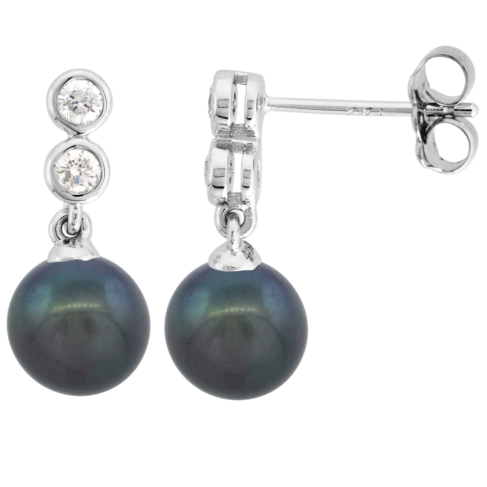 14k White Gold Diamond and Freshwater Black Pearl Dangle Earrings Round 8mm 11/16 inch long