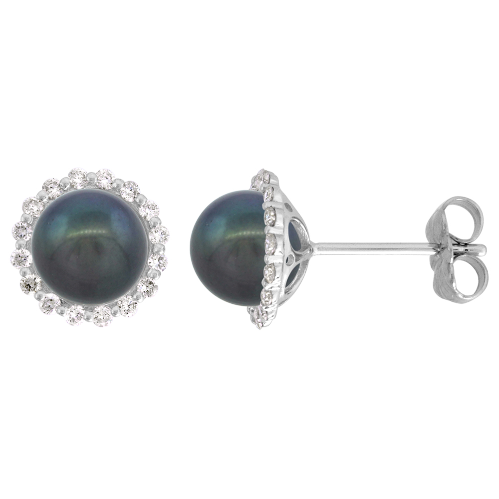 14k White Gold Diamond Halo and Freshwater Black Pearl Stud Earrings Round 7.5mm 3/8 inch wide