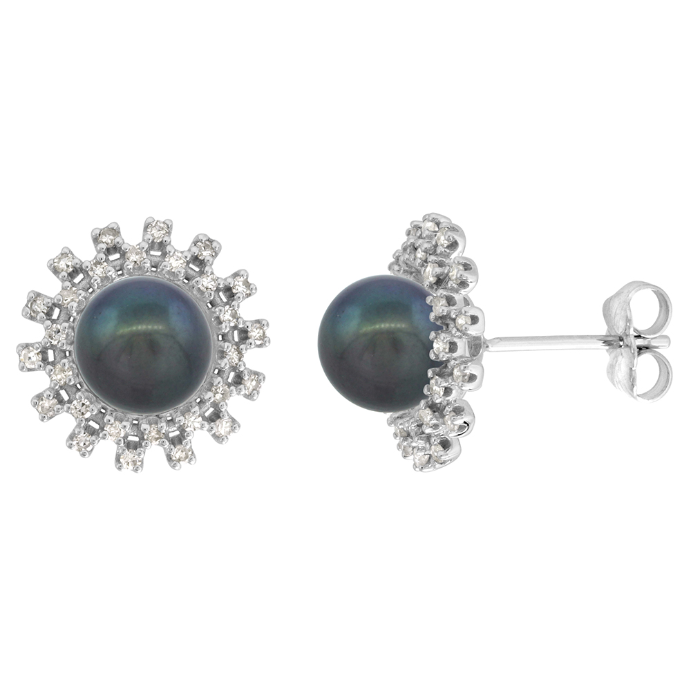14k White Gold Diamond Halo and Freshwater Black Pearl Stud Earrings Round 8mm 1/2 inch wide
