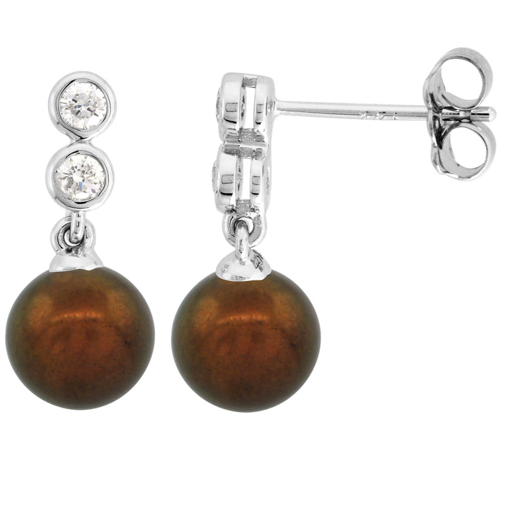14K WHITE GOLD DIAMOND AND FRESHWATER BROWN PEARL DANGLE EARRINGS ROUND 8MM 11/16 INCH LONG