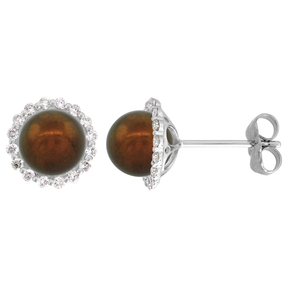 14k White Gold Diamond Halo and Freshwater Brown Pearl Stud Earrings Round 7.5mm 3/8 inch wide