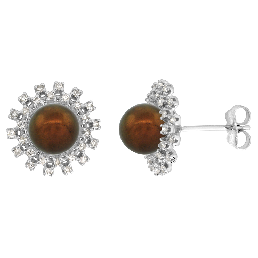 14K WHITE GOLD DIAMOND HALO AND FRESHWATER BROWN PEARL STUD EARRINGS ROUND 8MM 1/2 INCH WIDE