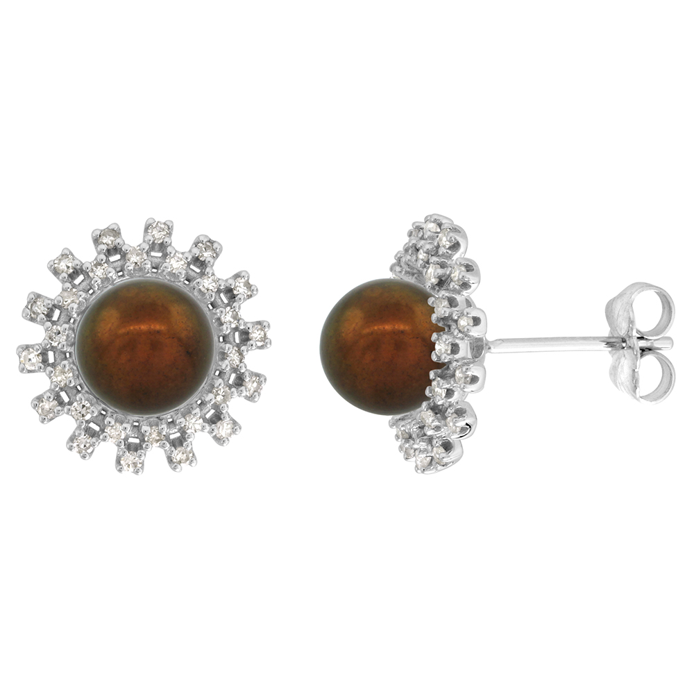 14k White Gold Diamond Halo and Freshwater Brown Pearl Stud Earrings Round 8mm 1/2 inch wide
