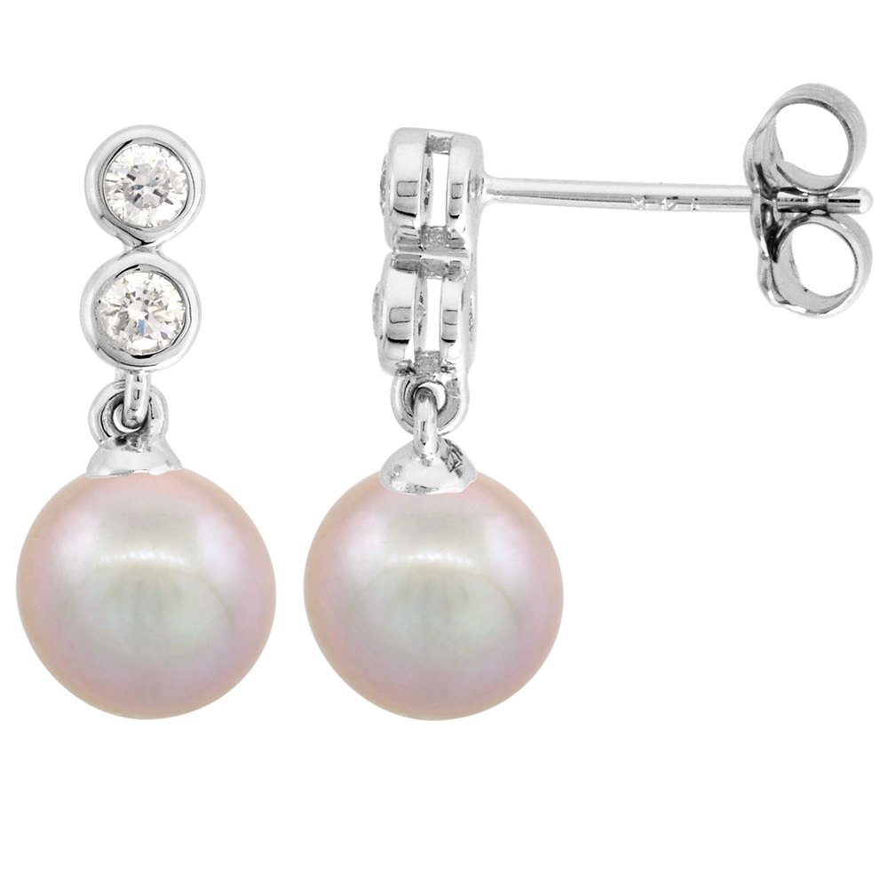 14K WHITE GOLD DIAMOND AND FRESHWATER PINK PEARL DANGLE EARRINGS ROUND 8MM 11/16 INCH LONG