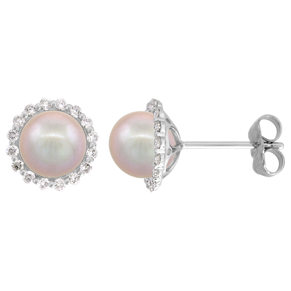 14K WHITE GOLD DIAMOND HALO AND FRESHWATER PINK PEARL STUD EARRINGS ROUND 7.5MM 3/8 INCH WIDE