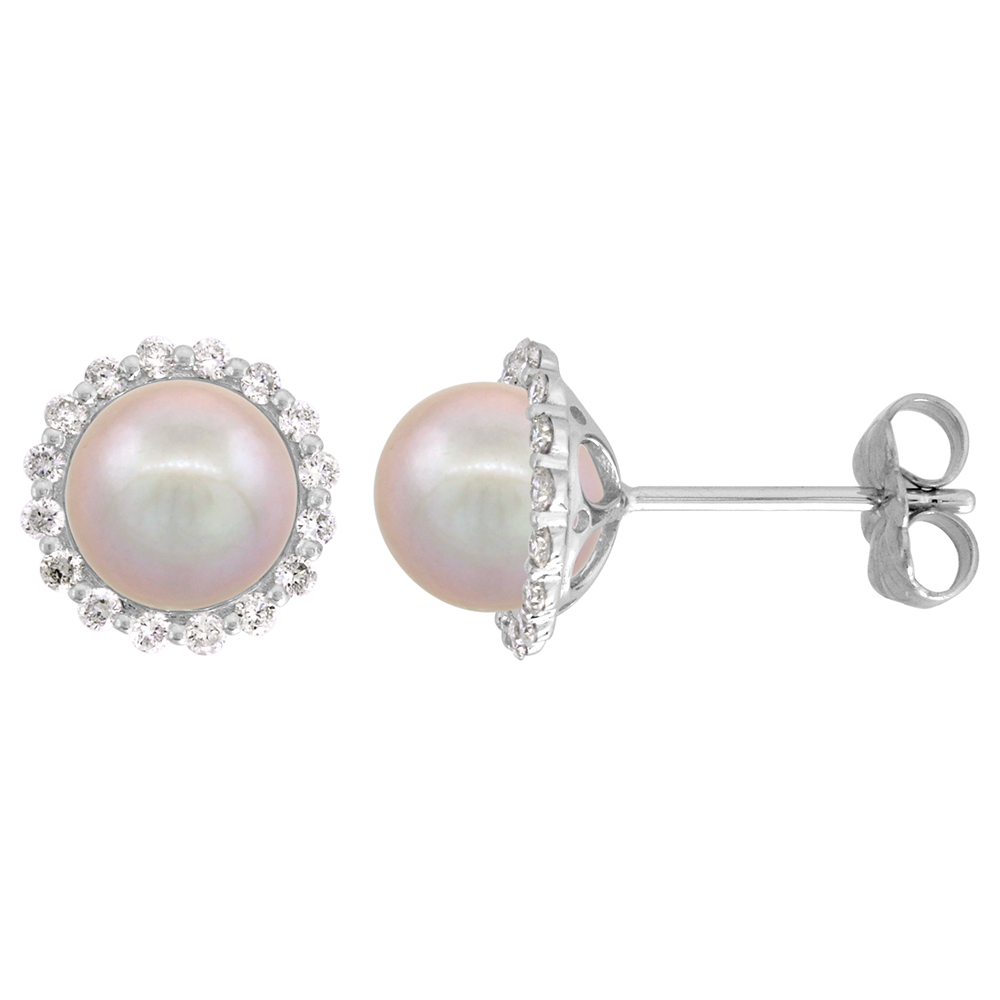 14k White Gold Diamond Halo and Freshwater Pink Pearl Stud Earrings Round 7.5mm 3/8 inch wide