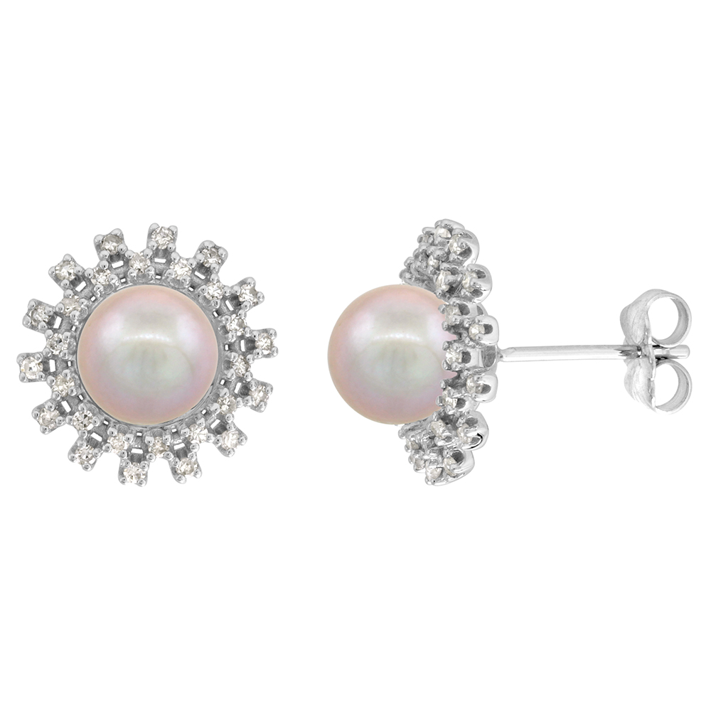 14K WHITE GOLD DIAMOND HALO AND FRESHWATER PINK PEARL STUD EARRINGS ROUND 8MM 1/2 INCH WIDE