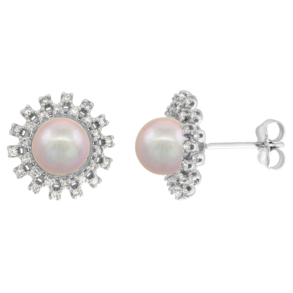 14k White Gold Diamond Halo and Freshwater Pink Pearl Stud Earrings Round 8mm 1/2 inch wide