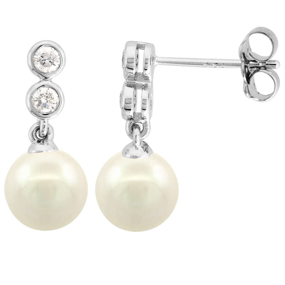 14K WHITE GOLD DIAMOND AND FRESHWATER WHITE PEARL DANGLE EARRINGS ROUND 8MM 11/16 INCH LONG