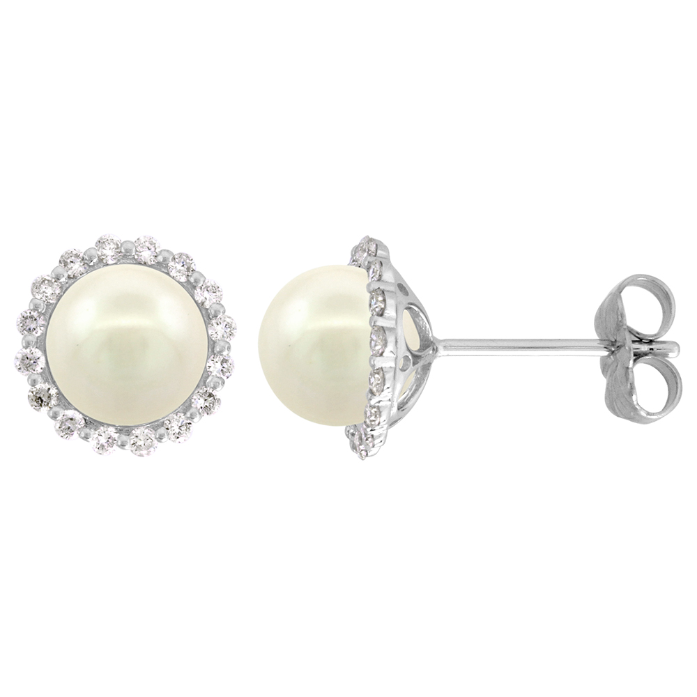 14k White Gold Diamond Halo and Freshwater White Pearl Stud Earrings Round 7.5mm 3/8 inch wide