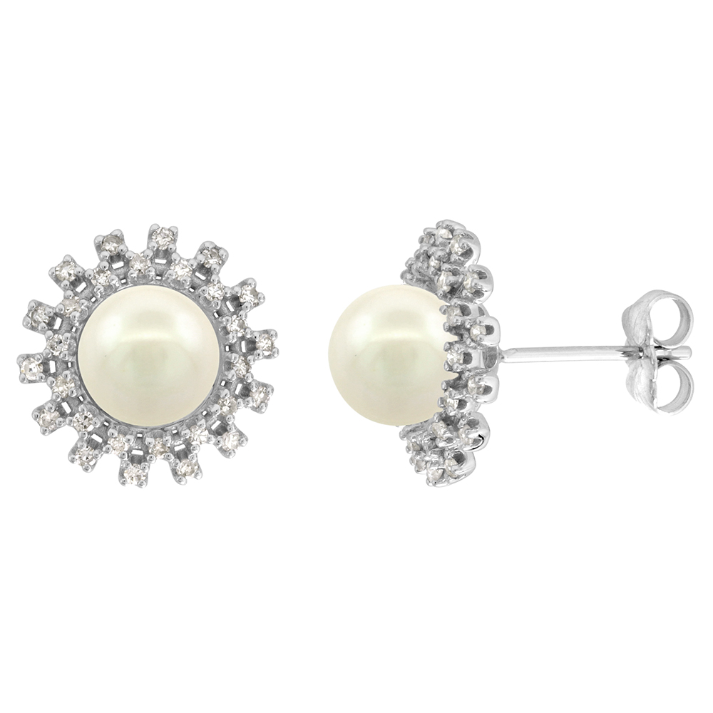 14K WHITE GOLD DIAMOND HALO AND FRESHWATER WHITE PEARL STUD EARRINGS ROUND 8MM 1/2 INCH WIDE