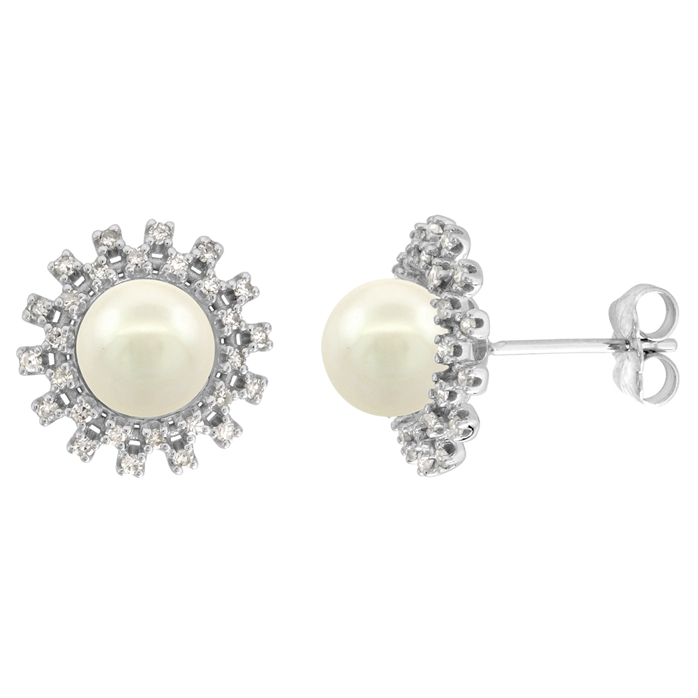 14k White Gold Diamond Halo and Freshwater White Pearl Stud Earrings Round 8mm 1/2 inch wide