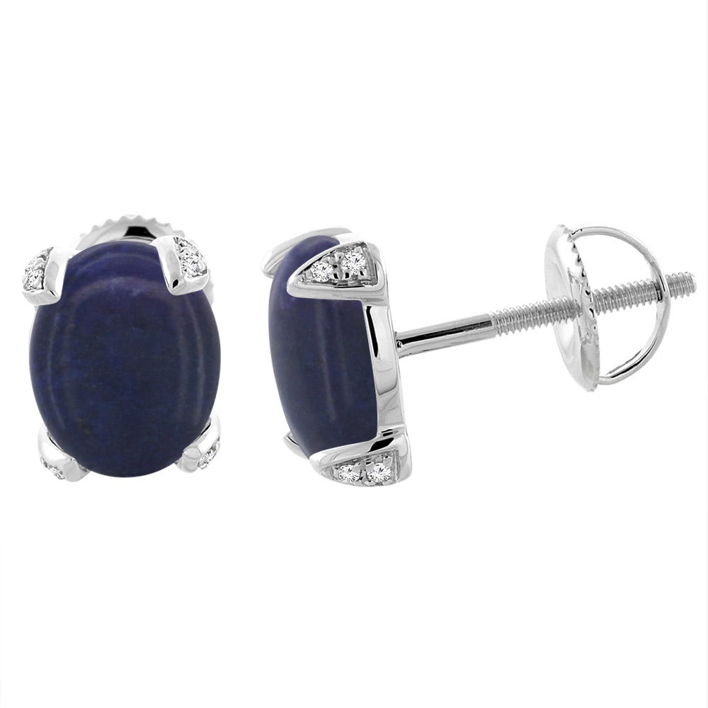 14K WHITE GOLD NATURAL LAPIS SCREW BACK EARRINGS OVAL 9X7 MM WITH DIAMOND ACCENTS