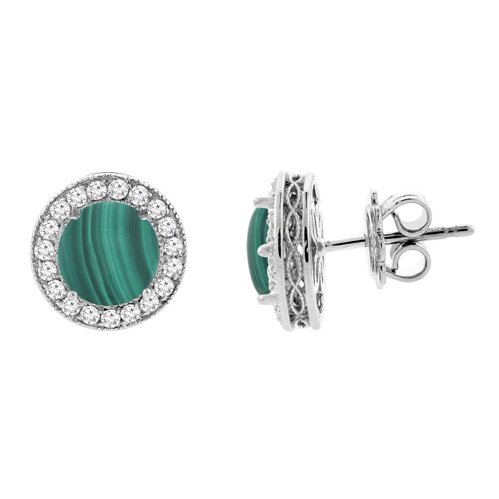 14K White Gold Natural Malachite Halo Earrings with Diamond Accent, 3/16 inch wide