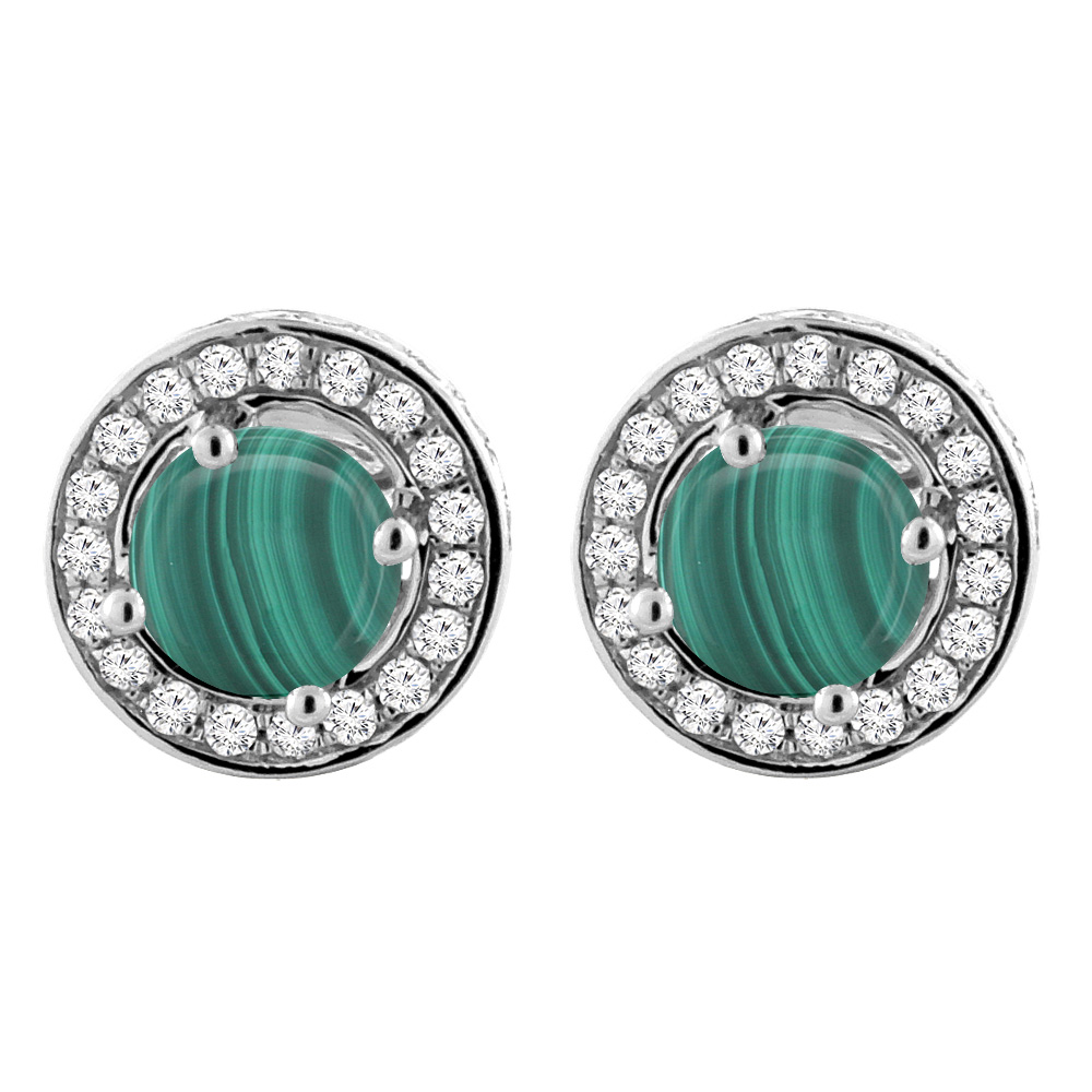 14K WHITE GOLD NATURAL MALACHITE EARRINGS WITH DIAMOND HALO ROUND 5 MM