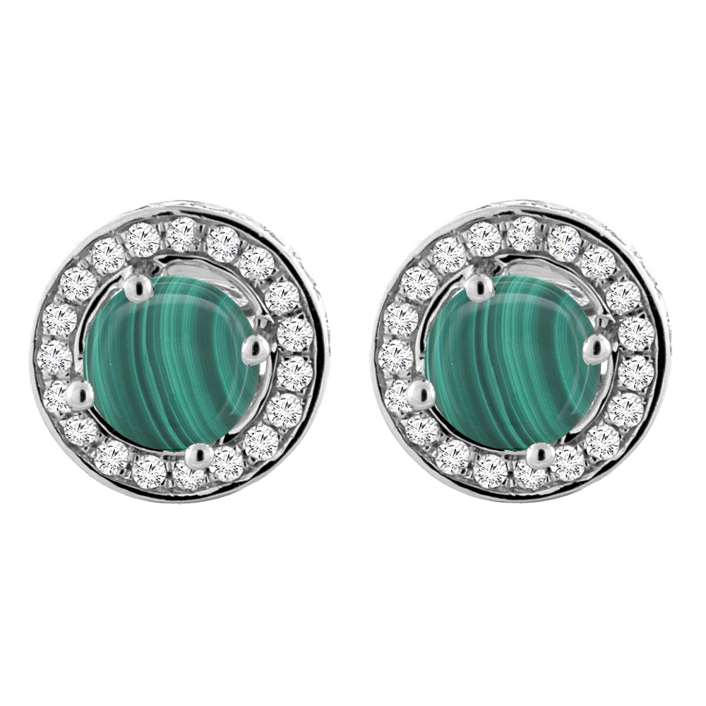 14K White Gold Natural Malachite Earrings with Diamond Halo Round 5 mm