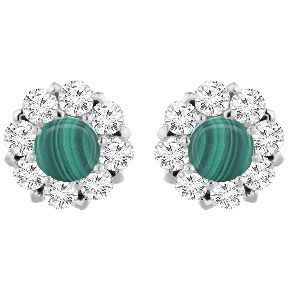 14K White Gold Natural Malachite Earrings with Diamond Halo Round 6 mm