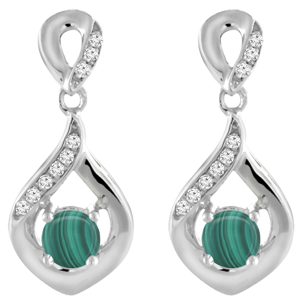 14K WHITE GOLD NATURAL MALACHITE EARRINGS WITH DIAMOND ACCENTS ROUND 4 MM