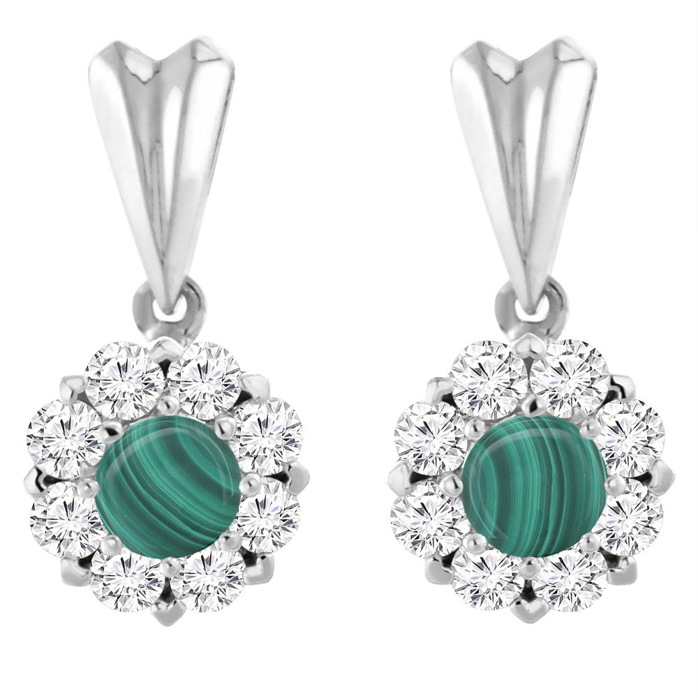 14K White Gold Natural Malachite Earrings with Diamond Halo Round 4 mm