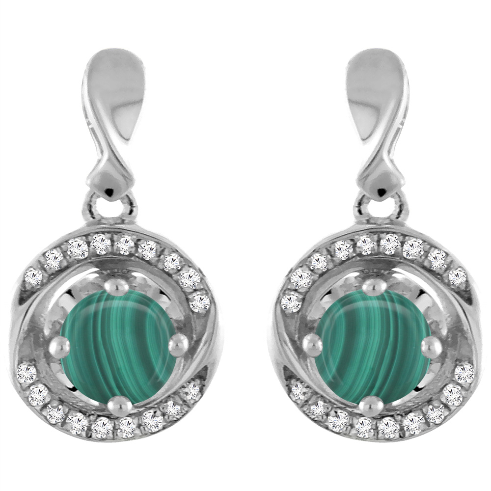 14K WHITE GOLD NATURAL MALACHITE EARRINGS WITH DIAMOND ACCENTS ROUND 4 MM
