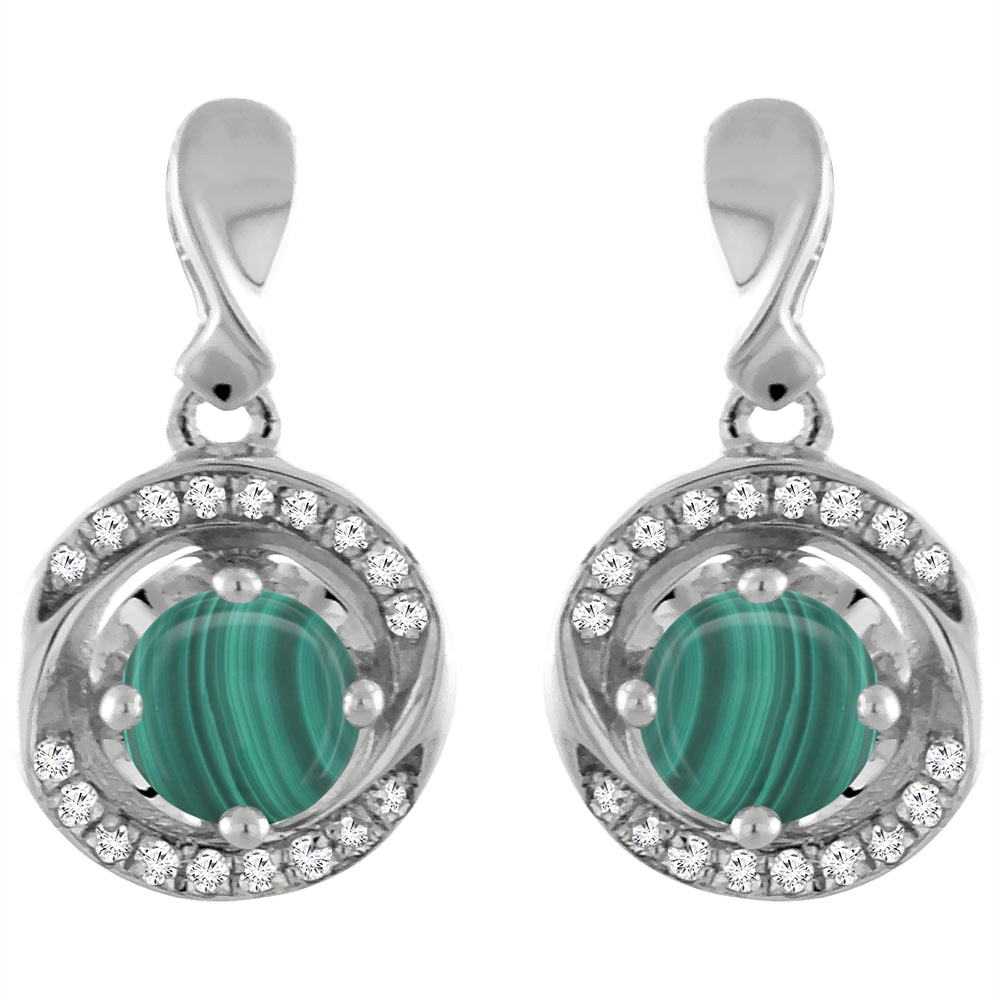 14K White Gold Natural Malachite Earrings with Diamond Accents Round 4 mm