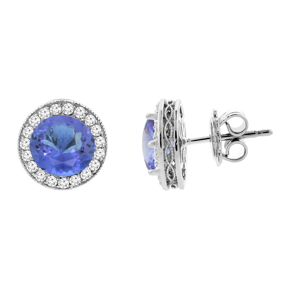 14K White Gold Natural Tanzanite Halo Earrings with Diamond Accent, 3/16 inch wide
