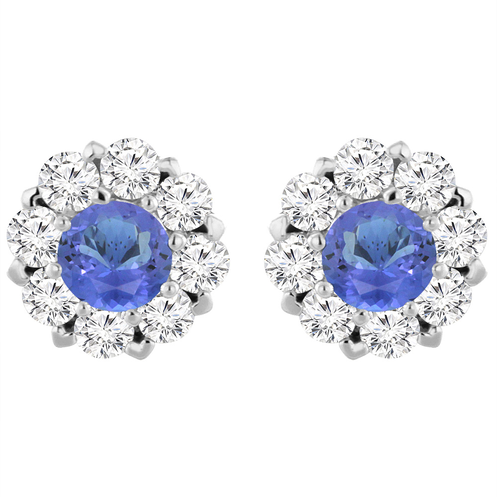 14K White Gold Natural Tanzanite Earrings with Diamond Halo Round 6 mm