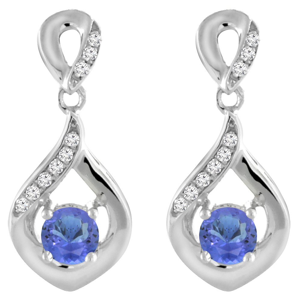 14K WHITE GOLD NATURAL TANZANITE EARRINGS WITH DIAMOND ACCENTS ROUND 4 MM