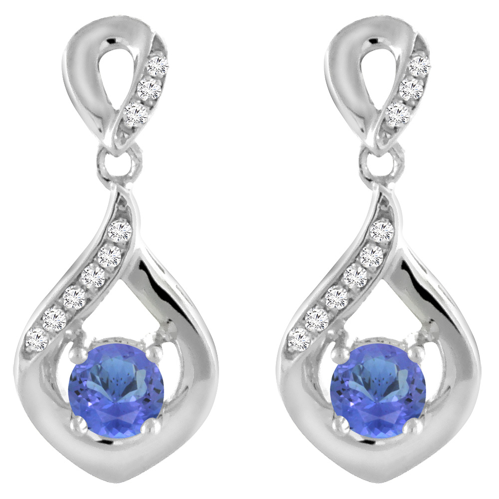 14K White Gold Natural Tanzanite Earrings with Diamond Accents Round 4 mm