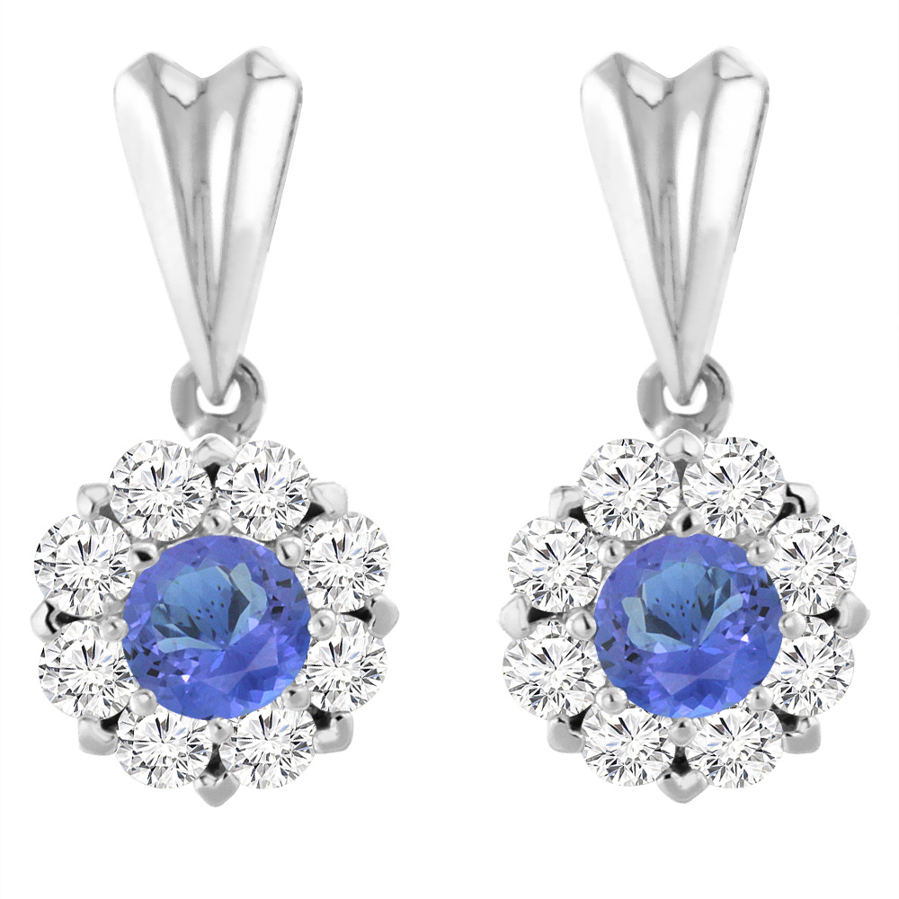 14K WHITE GOLD NATURAL TANZANITE EARRINGS WITH DIAMOND HALO ROUND 4 MM